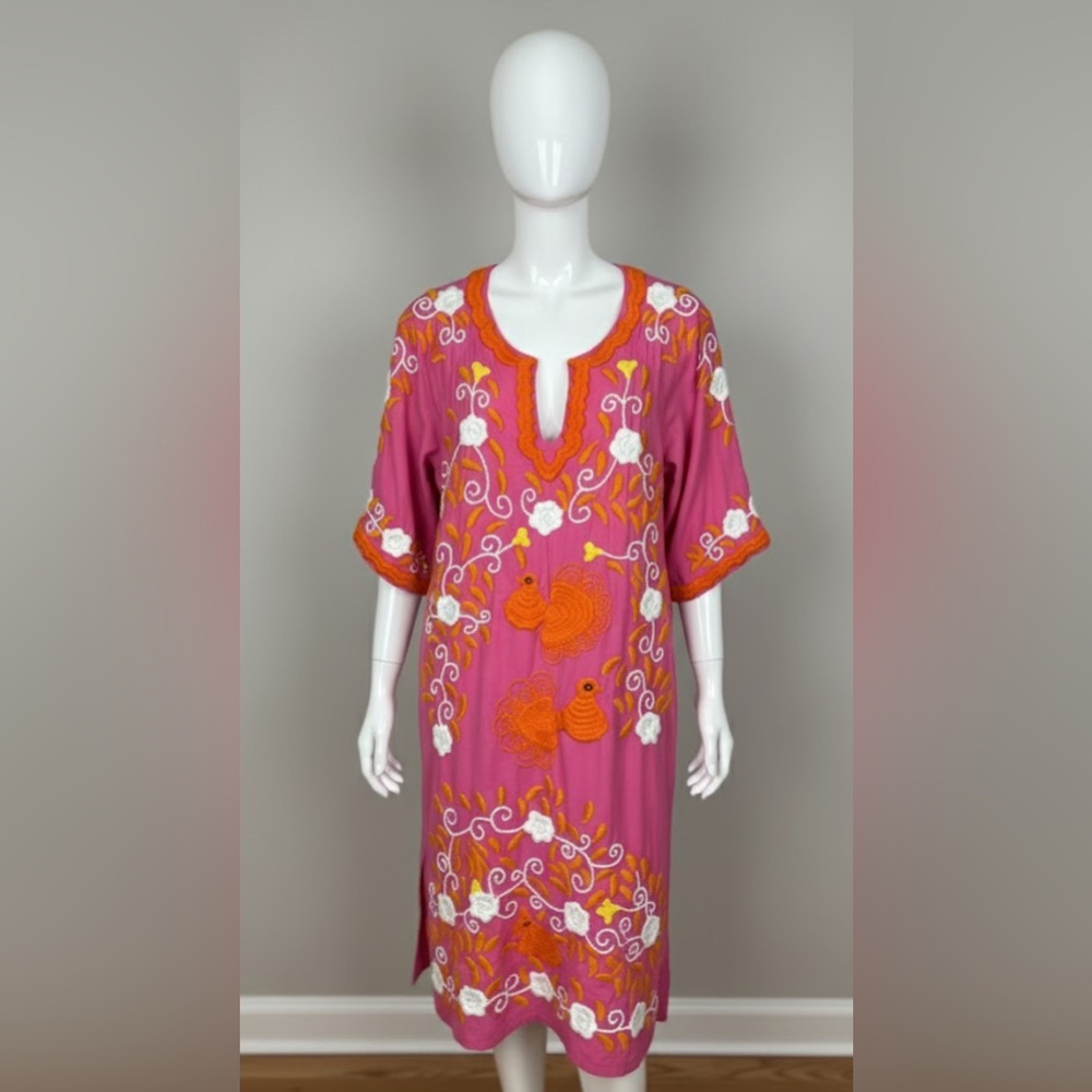 FRANCES VALENTINE PINK & ORANGE Peacock Caftan W/ pockets Maxi Dress Size 2